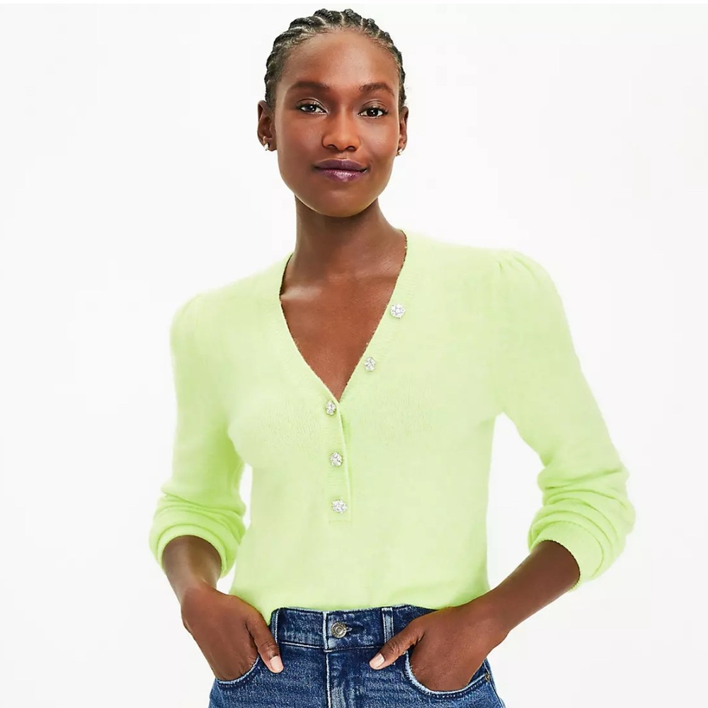 LOFT Lime Green V-Neck Sweater - Picture 1 of 6